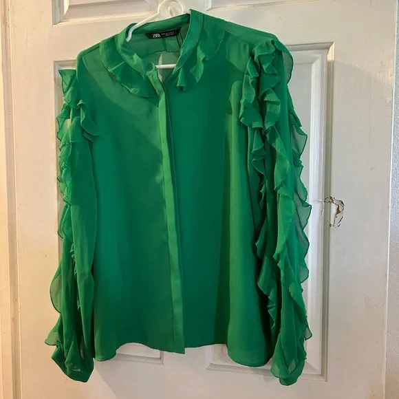 ZARA Emerald Green Ruffle-Sleeve Sheer Blouse - Picture 1 of 2